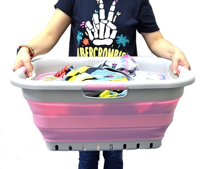 SAMMART 41L (10.8 gallon) Set of 2 Collapsible 3 Handled Plastic Laundry Basket-Foldable Pop Up Storage Container/Organizer-Space Saving Hamper/Basket (2, Grey/Pink)