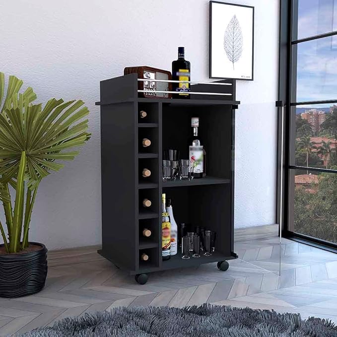 Mobile Bar Cart with Glass Door Cabinet, 6 Wine Bottle Storage Cubbies, Carbon Espresso Finish, 35" H x 21.6" W Bar Serving Cart with Wheels (Black)