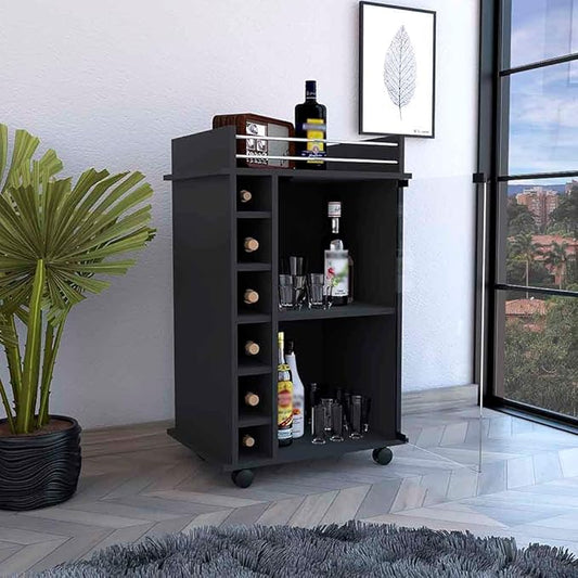 Mobile Bar Cart with Glass Door Cabinet, 6 Wine Bottle Storage Cubbies, Carbon Espresso Finish, 35" H x 21.6" W Bar Serving Cart with Wheels (Black)