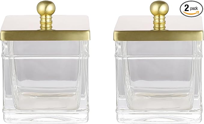 Indecor Home Glass Cotton Jar Holder 2 Pack– Brushed Gold Lid, Elegant Bathroom Storage Canister for Qtips, Cotton Balls, Floss, Makeup Organizer, Vanity & Bathroom Organization
