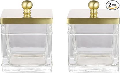 Indecor Home Glass Cotton Jar Holder 2 Pack– Brushed Gold Lid, Elegant Bathroom Storage Canister for Qtips, Cotton Balls, Floss, Makeup Organizer, Vanity & Bathroom Organization
