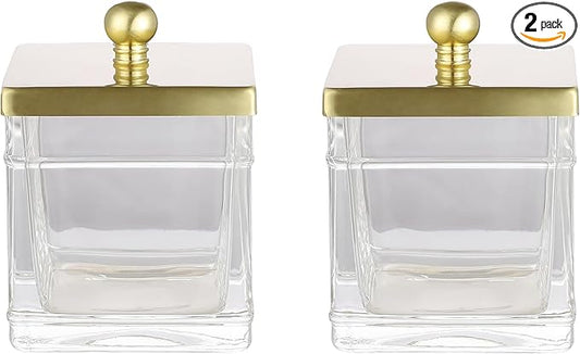 Indecor Home Glass Cotton Jar Holder 2 Pack– Brushed Gold Lid, Elegant Bathroom Storage Canister for Qtips, Cotton Balls, Floss, Makeup Organizer, Vanity & Bathroom Organization