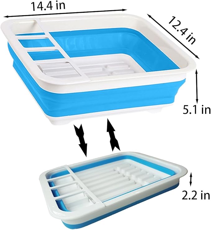 Collapsible Dish Rack Foldable Dish Drying Rack Portable Dish Drainer Dinnerware Organizer Rack Folding Tableware Storage Rack Cutlery Rack for Kitchen Counter RV Camper Accessories (White Blue)