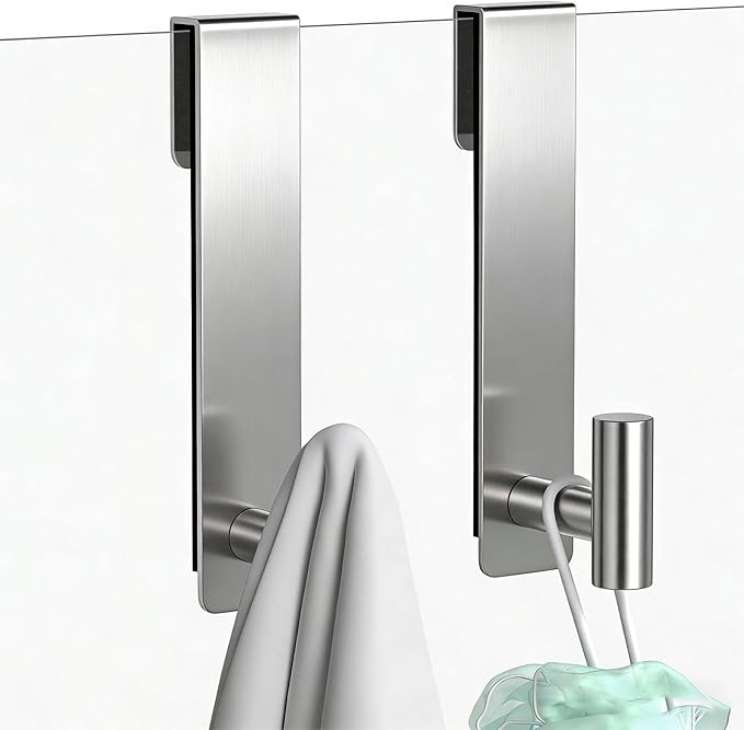 HUFEEOH Shower Towel Hooks, 7.5-Inch Extended Over Glass Shower Door Hanger for Towels & Robes, Rustproof Bathroom Towel Rack, 2-Pack (Silver, T Shape)