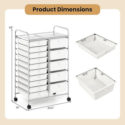Giantex 15 Drawer Rolling Cart with Drawers, Storage Organizer Cart for Classroom Office School Teacher, Mobile Drawer Cart for Tools, Crafts, Small Printer, Ivory
