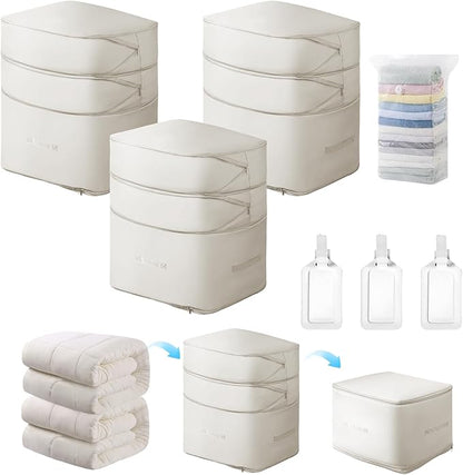 Comforter Storage Bag-Ultra Space Saving Large Self Compression Organizer for Comforters and Blanket,3-Layer Zipper Self-Compressing Organizer for Storage Bedding. (Beige, 3 Pack)