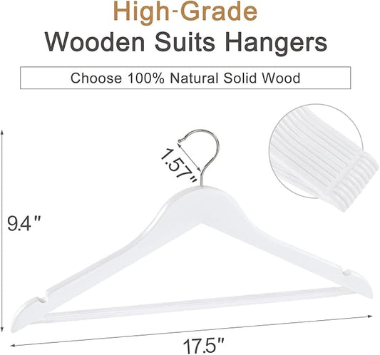 TOPIA HANGER Wooden Coat Hangers 30 Pack, White Wood Suit Hangers with Non Slip Pants Bar, 360° Swivel Hook and Shoulder Notches for Camisole, Jacket, Pants, Smooth Finish Clothes Hangers -CT34W30