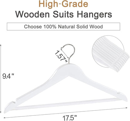 TOPIA HANGER Wooden Coat Hangers 20 Pack, White Wood Suit Hangers with Non Slip Pants Bar, 360° Swivel Hook and Shoulder Notches for Camisole, Jacket, Pants, Smooth Finish Clothes Hangers - CT34W20