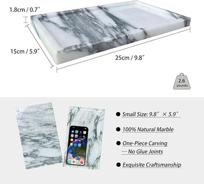 OAIQNUJ Natural White Marble Vanity Tray, 9.8"x5.9" Genuine Marble Stone Tray for Bathroom/Kitchen/Dresser (Arabescato)