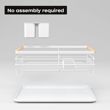 jouzevic Dish Racks for Kitchen Counter: Wooden Handles, Thickened Metal, No Assembly. Small Dish Drying Rack: Ideal for Small Households. Drying Rack Kitchen: White