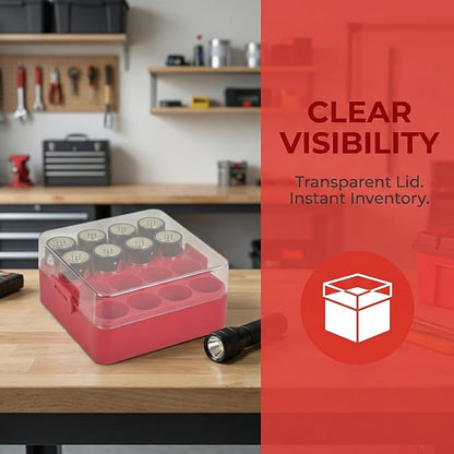 ALCYON Battery Organizer Storage Case, Battery Vault Box Container for 16pcs C Batteries, Plastic Clear Protective Battery Holder for Travelling/Home/Office (Red,Medium)