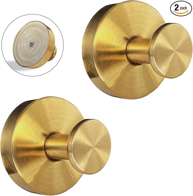 Welsa Suction Cup Hooks for Shower - 2 Pack, Gold - Stainless Steel, Strong Suction, No Drill, Removable Hanger, Tile Bathroom Kitchen Wall, Glass Door, Mirror Hook Hanging Robe, Towel Holder
