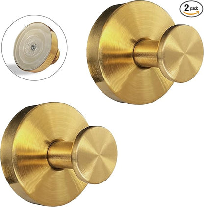 Welsa Suction Cup Hooks for Shower - 2 Pack, Gold - Stainless Steel, Strong Suction, No Drill, Removable Hanger, Tile Bathroom Kitchen Wall, Glass Door, Mirror Hook Hanging Robe, Towel Holder