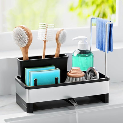 Sink Caddy Organizer with High Brush Holder Kitchen Sponge Holder for Sink with Quick Drain Tray & Detachable Towel Rack, Rustproof Kitchen Countertop Organizer for Sponge Soap Dispenser (Black)
