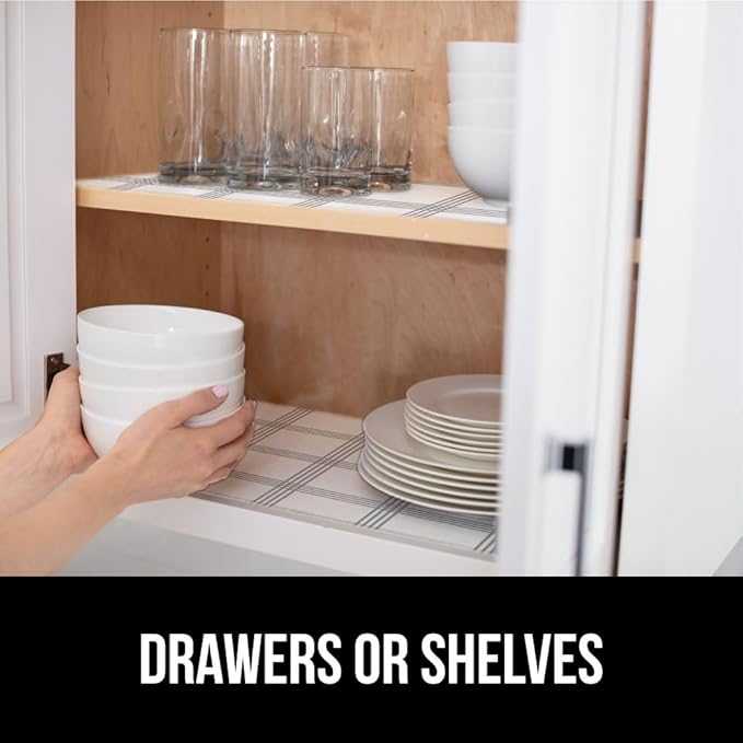 GORILLA GRIP DripGuard Shelf Liner, Non Adhesive Drawer and Kitchen Cabinet Protector, Slip Resistant BPA Free Smooth Surface Plastic Liners for Cabinets, Bathrooms, Closets, 17.5x240 Inch Gray Stripe