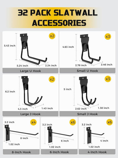 AZUNO 32Pcs Slatwall Accessories Set with 4 Slatwall Baskets & 26 Multi-Sized Slatwall Hooks and 2 Heavy-Duty Storage Straps for Garage, Workshop, and Home Organization Storage