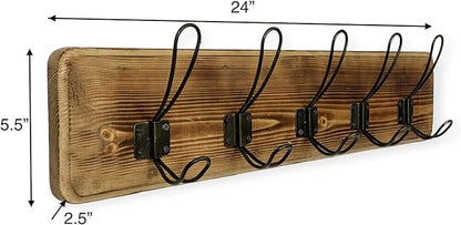 Coat Rack Wall Mount – 24” Reclaimed Burnt Pine Wood with 5 Hooks, Rustic Wooden Wall Mounted Organizer with Wall Hooks for Hanging, Farmhouse Entryway, Hallway, Bathroom, or Bedroom