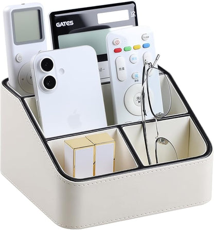 MEIBOOCH Remote Control Holder, PU Leather Small Desk Organizer with 4 Compartments, Nightstand Organizer Desk Caddy for Remote, Notepad, Phone, Glasses, and Accessories (Cream)