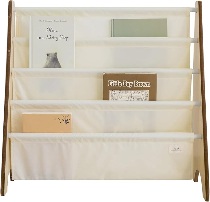 3 Sprouts Recycled Fabric Kids Bookshelf – 4-Tier Sling Book Rack Organizer - Nursery Room Playroom Classroom Wooden Book Shelves - Kid Bookcase Wood Storage Shelf for Toddler Age 3+ Cream