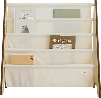 3 Sprouts Recycled Fabric Kids Bookshelf – 4-Tier Sling Book Rack Organizer - Nursery Room Playroom Classroom Wooden Book Shelves - Kid Bookcase Wood Storage Shelf for Toddler Age 3+ Cream