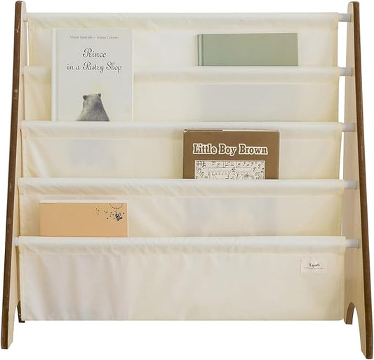 3 Sprouts Recycled Fabric Kids Bookshelf – 4-Tier Sling Book Rack Organizer - Nursery Room Playroom Classroom Wooden Book Shelves - Kid Bookcase Wood Storage Shelf for Toddler Age 3+ Cream