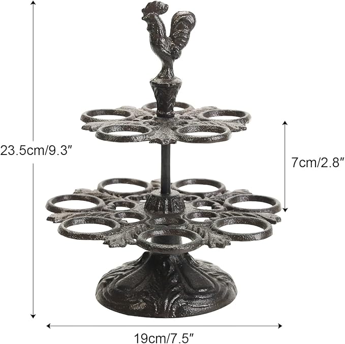 Sungmor Heavy Duty Cast Iron Eggs Holder Countertop Decor - Kitchen & Dining Room Organization Egg Stroage Display Rack - Vintage Dark Brown Color & Rooster Shaped Design - 12 Eggs Holding Capacity
