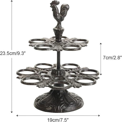 Sungmor Heavy Duty Cast Iron Eggs Holder Countertop Decor - Kitchen & Dining Room Organization Egg Stroage Display Rack - Vintage Dark Brown Color & Rooster Shaped Design - 12 Eggs Holding Capacity