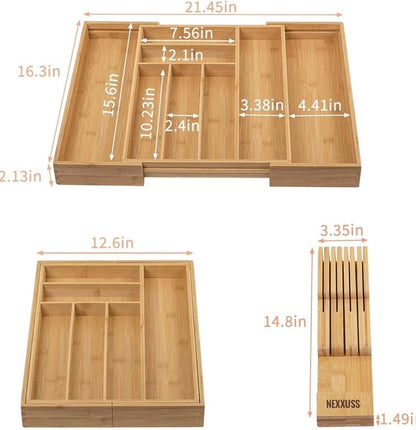Nexxuss Bamboo Kitchen Drawer Organizer, Expandable Utensil Organizer with Removable Knife Block, Cutlery Tray Holder with Divider, Adjustable Silverware Organizer, Wood Tableware Dividers Storage