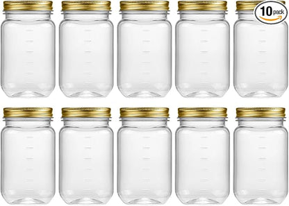 novelinks 16 oz Clear Plastic Jars with Lids, Refillable 16oz Mason Jars with Lids & Storage Containers for Kitchen & Household Use (10 Pack,Gold)