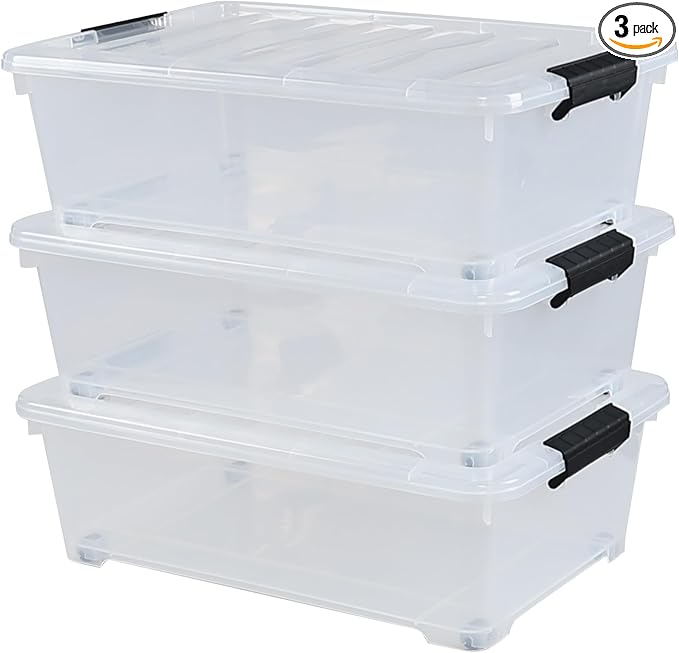 Zopnny 3-Pack 20 Quart Under Bed Shoe Storage Organizer, Underbed Storage Container Box with Wheels, Clear