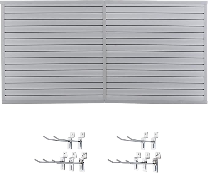 Heavy Duty PVC Slatwall Garage Organizer System, 8ft x 4ft Wall Mounted Panel Kit with 10 Hooks, 75lb/sq ft Capacity, Charcoal Grey Tool Storage Rack for Workshop & Retail Display