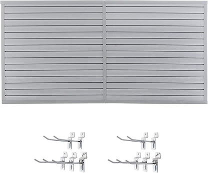 Heavy Duty PVC Slatwall Garage Organizer System, 8ft x 4ft Wall Mounted Panel Kit with 10 Hooks, 75lb/sq ft Capacity, Charcoal Grey Tool Storage Rack for Workshop & Retail Display
