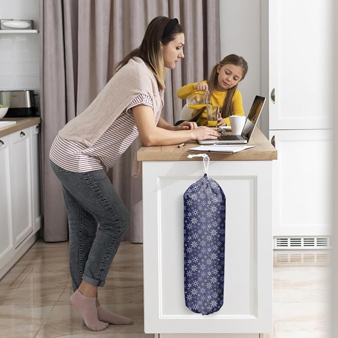 2pcs Blue Plastic Bag Holder Snowflake Grocery Bag Holder and Dispenser Organizer Garbage Shopping Trash Bags Storage for Kitchen Housewarming Gifts for Women Friends Sisters