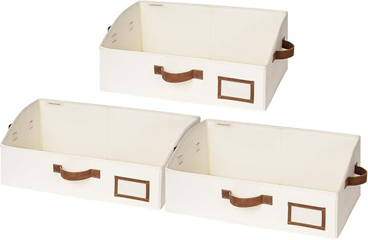 StorageWorks Closet Storage Bins, Trapezoid Organizer Box for Shelves, Fabric Clothes Bin, Foldable Organizing Baskets with Handles, Large, Ivory White, 3-Pack