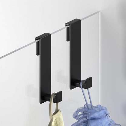 VINHOLD Shower Door Hooks, Heavy Duty Rack Hooks for Robe, Stainless Steel Towel Hooks for Bathroom, Fits Frameless Glass Shower Doors up to 3/8" (10mm) Thick (Black, 2 Pack)