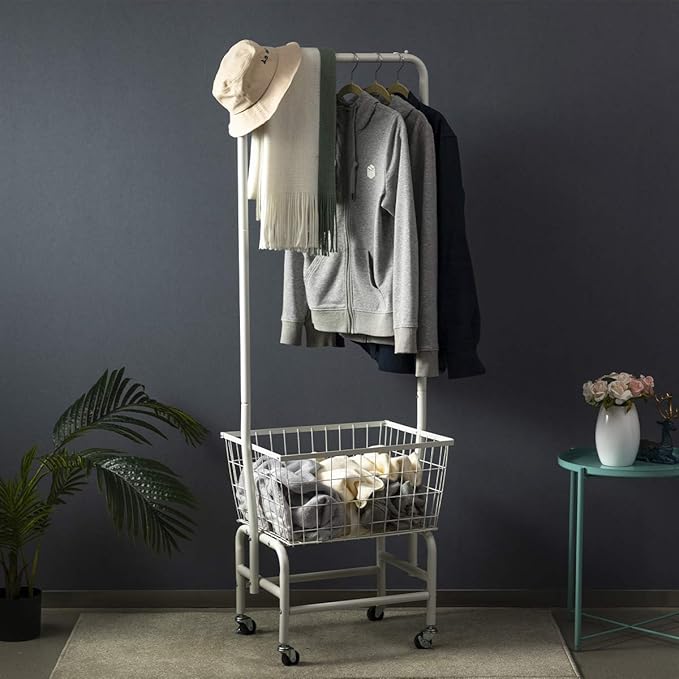 ALIMORDEN Laundry Cart with Clothes Rack, Rolling Laundry Butler with Wire Storage Rack，Black