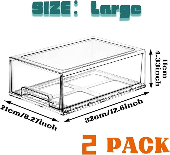 2 Pack Clear Stackable Refrigerator Organizers and Storage Drawers - Pull-Out Fridge Bins with Anti-Slip Base & Easy Clean, Plastic Organizers for Kitchen Pantry Cabinet Closet (Large)