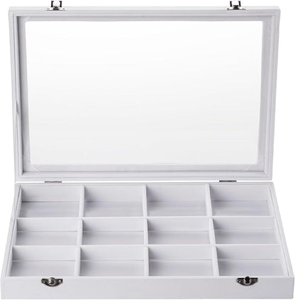 Frebeauty Velvet Jewelry Tray,12 Grid Jewelry Organizer with Clear Lid,Bracelets Holder,Jewelry Display Case with Clasp,Drawer Insert Bangle Brooch,13.8 x 9.5 x 2 Inches,Gift for Women Girls(White)