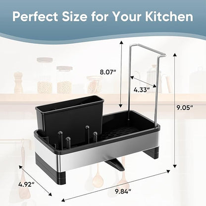 VUSIGN Sponge Holder for Kitchen Sink, Sink Caddy Organizer with Brush Holder, Rustproof Stainless, Self-Draining Sink Organizer for Countertop, Sponges, Brushes, Kitchen Decor and Accessories, Black