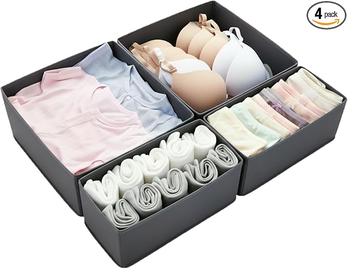 Drawer Organizer Set 4 Pack - Fabric Storage Bins for Underwear Socks Bras Baby Clothes - Closet Dresser Organizers Dividers for Bedroom Nursery, Grey