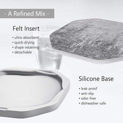 UMIRRO Absorbent Coasters for Drinks with Holder, Silicone Cup Coaster with Felt Insert for Coffee Table Decor, Small Unique Birthday Gift Ideas for Men, Dad, Him, Women Mom, Her, 4", Brown, Set of 6