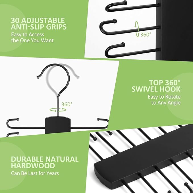 OMHOMETY 2 Pack Tie Rack, Wooden Tie Hanger for Men Closet, 60 Storage Capacity, Non-Slip Rotatable Tie Organizer, Closet Organizers and Storage, Black