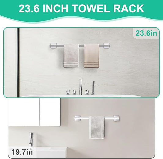Chrome Bathroom Hardware Towel Bar Set, 5 Pieces Double Dase Toilet Paper Holder Towel Holder Set, 23.6 Inch Stainless Steel Towel Rack for Bathroom Wall Mount