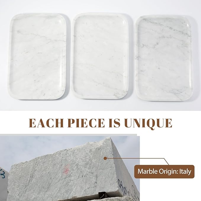 Koville Marble Tray, 12"x8" Marble Vanity Tray for Countertop Bathroom Kitchen Dresser, Decorative Catchall Trays for Perfume Jewelry, Rectangular Stone Serving Tray(Bianco Carrara)