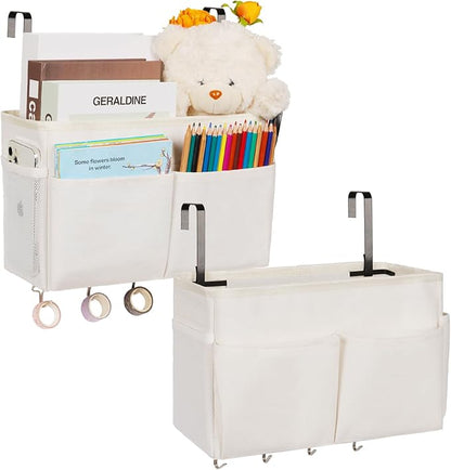 Frjjthchy Bedside Storage Organizer 5 Pockets with 4 Hooks Hanging Storage Bag for Headboards/Bunk Bed (2Pack White)