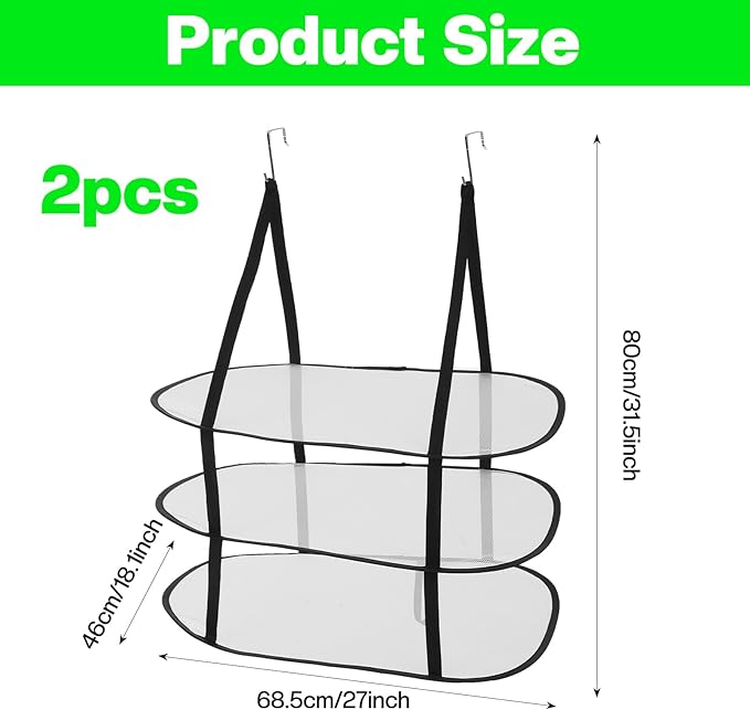 MAQUITA 2 Pcs 3 Tier Sweater Drying Rack Flat Over The Door Folding Drying Rack Large Lay Laundry Hanging Dryer Mesh Clothes Dry Hanger for Apartments Dorms Bathrooms (Black, 27 x 18.1 x 31.5 Inch)