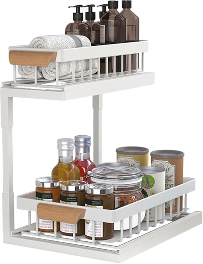 2-Tier Sliding Under Sink Organizer, L-shape Pull Out Cabinet Organizers, Multi-purpose Sink Storage Shelves, Metal Mesh Drawer Organizer for Bathroom Kitchen (White, Pull-Up & Down Style)