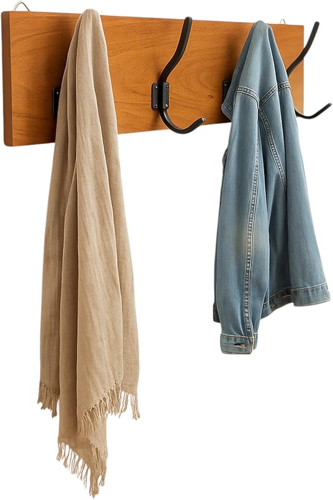 Coat Rack, Handmade, 4 Hanger Hook, Mahogany Hardwood, Durable Rustic Wall Mount, Versatile Hanger for Entryway, Bedroom, Bathroom, Farmhouse Boho Decor, 18" Natural Finish