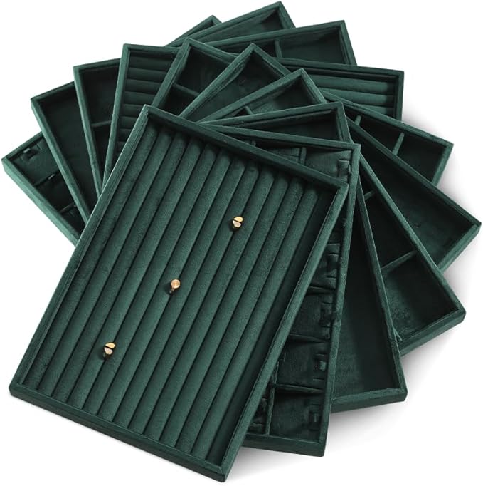 Velvet Stackable Jewelry Display Flat Tray For Ring Earring Necklace Bracelet, Bangle Pendant Storage Blank Plate, Shop Countertop Jewelry Dish Organizer (Green)