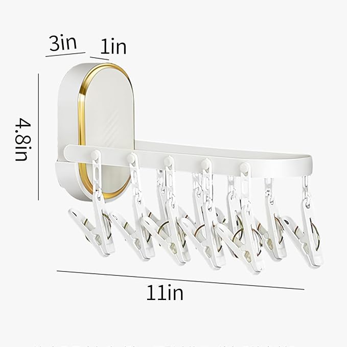 Wall-Mounted Foldable Laundry Rack with 11 Built-in Clips - Space-Saving Retractable Clothes Drying Organizer for Socks/Underwear, No Extra Hangers Needed, Collapsible Design for Bathroom/Balcony